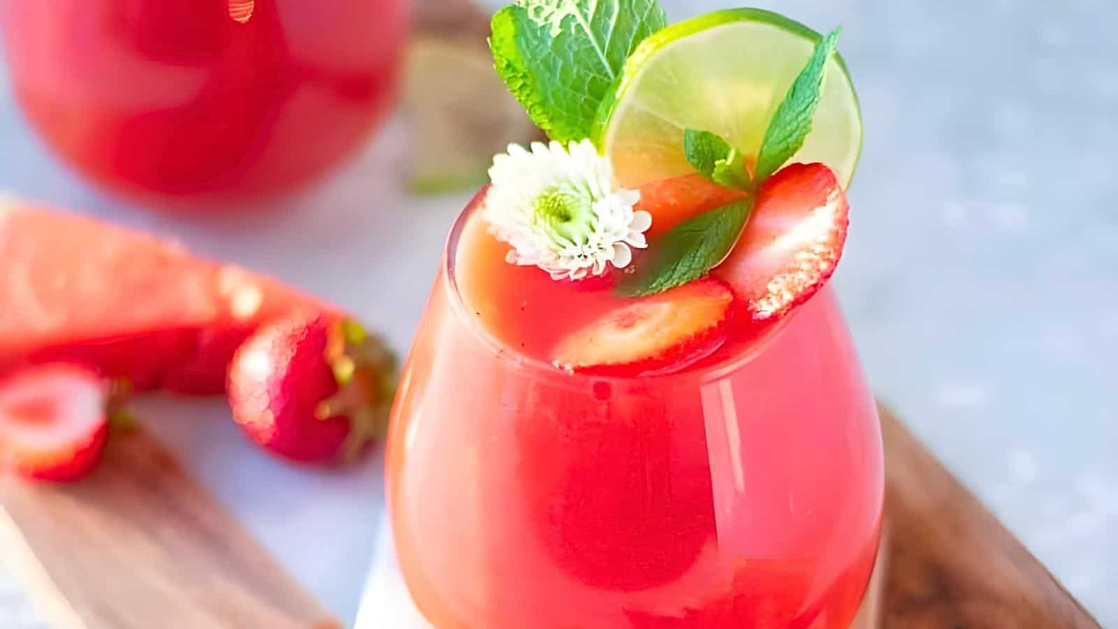 A glass filled with a vibrant pink beverage, garnished with a slice of lime, a mint sprig, a white flower, and strawberry slices. It sits on a wooden tray next to whole strawberries.