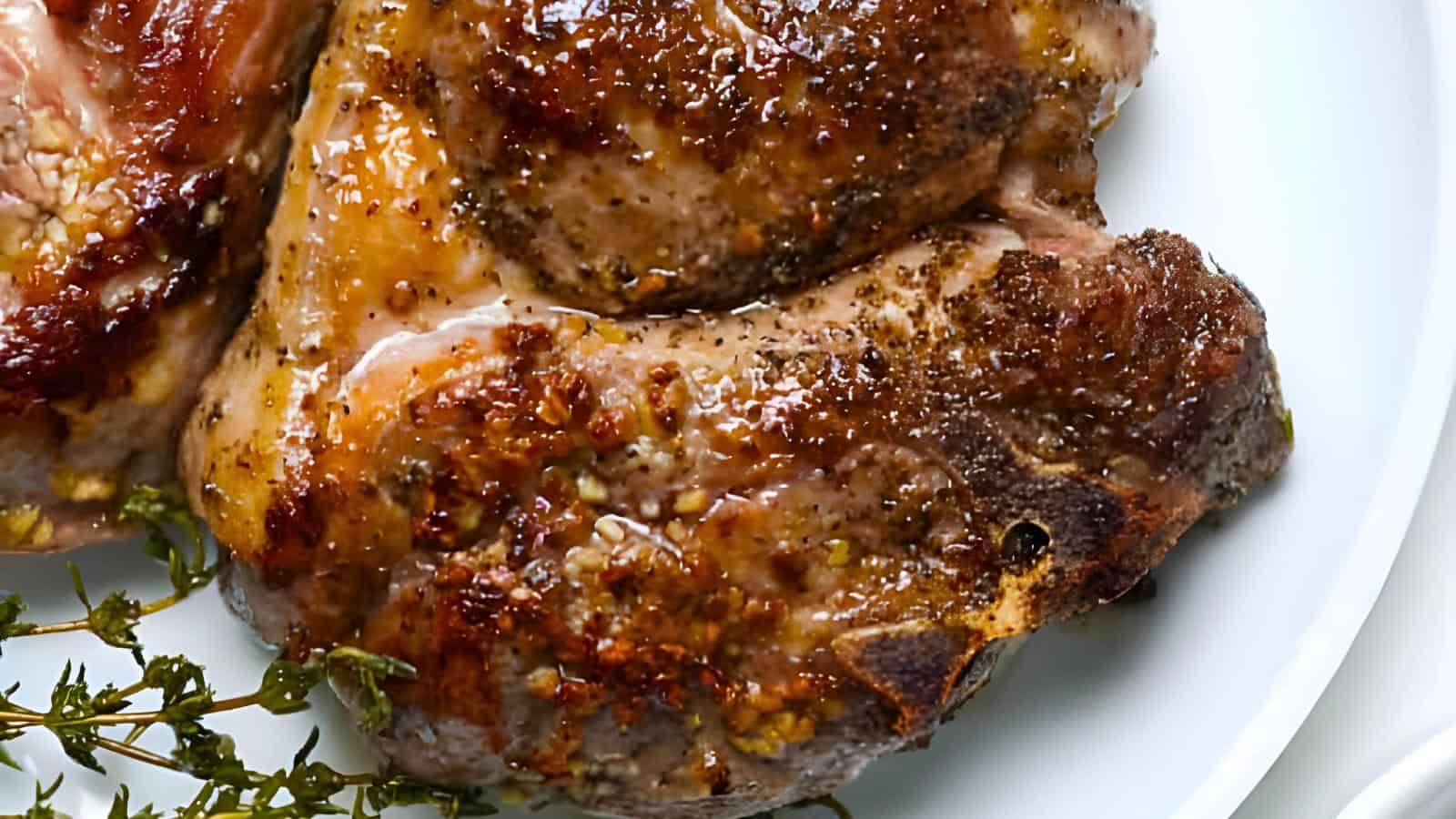 A juicy, cooked lamb chop seasoned with herbs and spices on a white plate, garnished with fresh thyme.