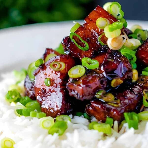 A plate of white rice topped with glazed caramelized pork, garnished with chopped green onions.
