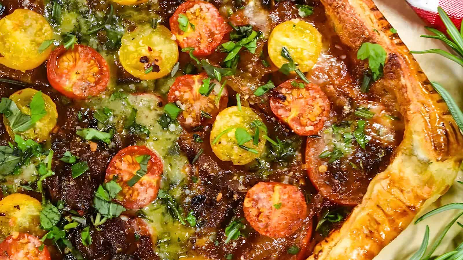 A freshly baked tart topped with sliced cherry tomatoes, caramelized onions, melted cheese, and chopped fresh herbs.