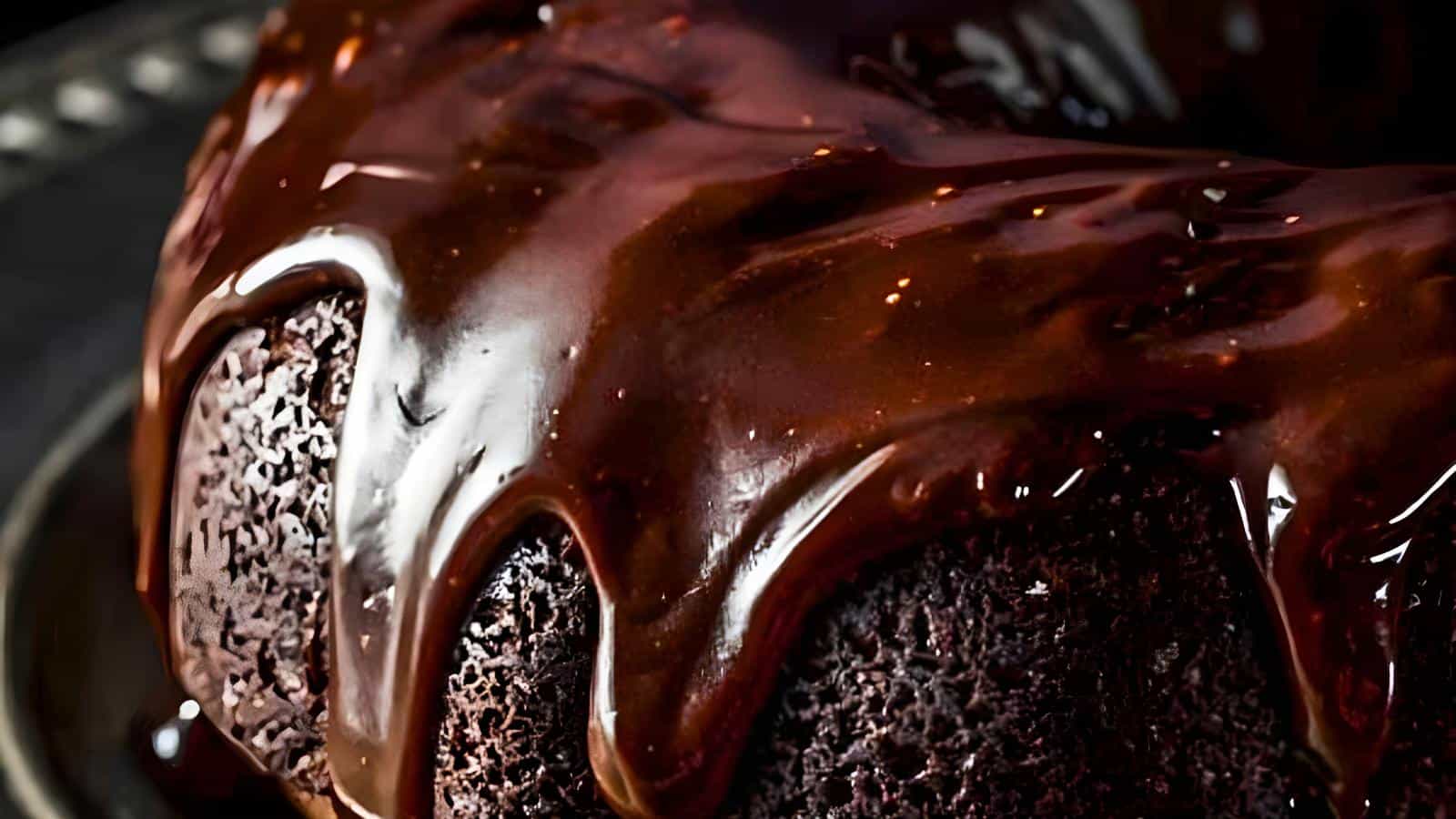 A chocolate bundt cake with a glossy layer of chocolate ganache.