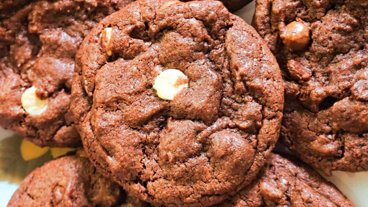 A close-up of a group of chocolate cookies. The cookies are thick and slightly textured, with a few white chocolate chips embedded in the surface. The rich brown color of the cookies contrasts with the white chocolate chips.