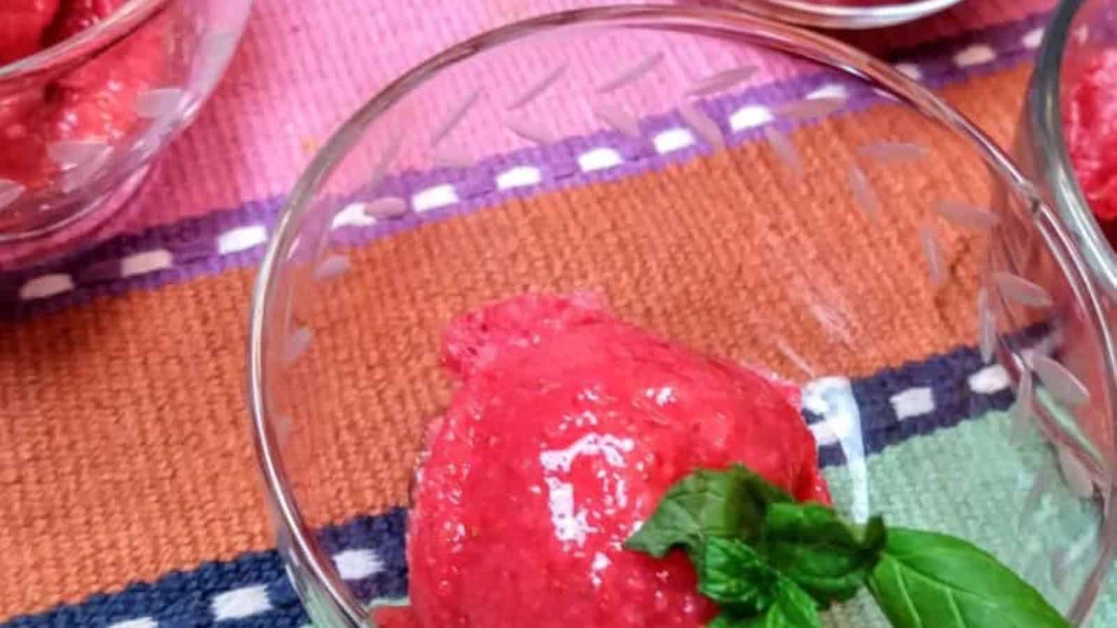 strawberry sorbet in glass bowls.