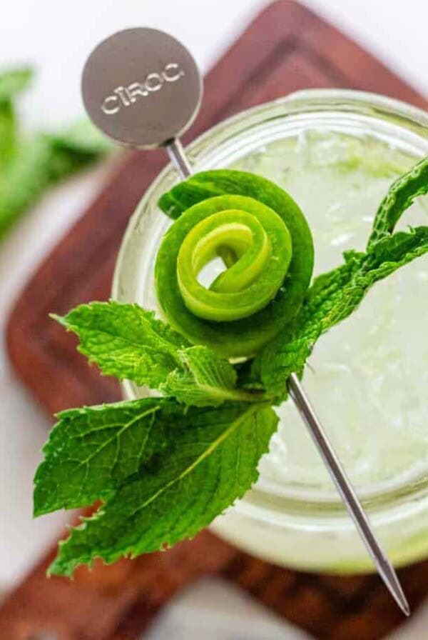 Top down look at a cocktail with a cucumber swirled around a cocktail pick topped with fresh mint leaves.