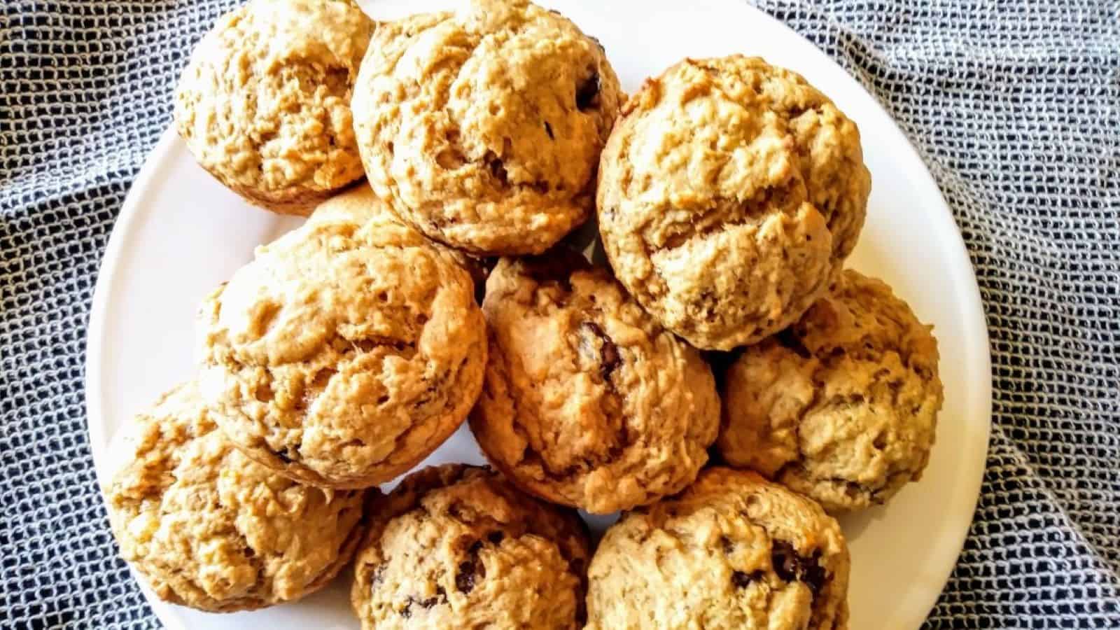 banana peanut butter muffins on plate.