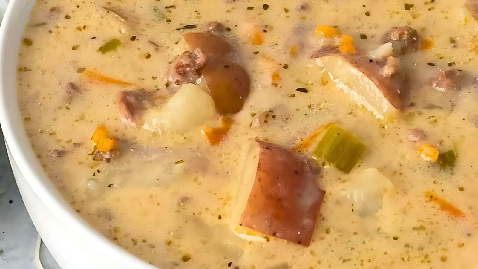 Chunks of potatoes, carrots, celery, and pieces of sausage or meat in a creamy soup served in a white bowl.