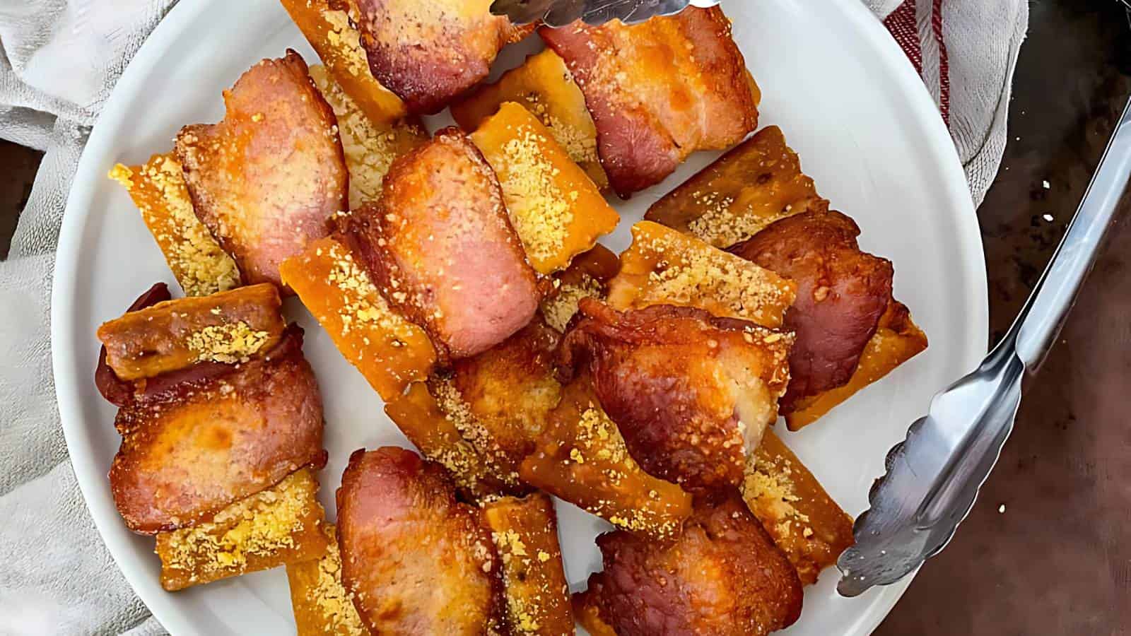 Bacon-wrapped cheese sticks garnished with parmesan, alongside metal tongs.
