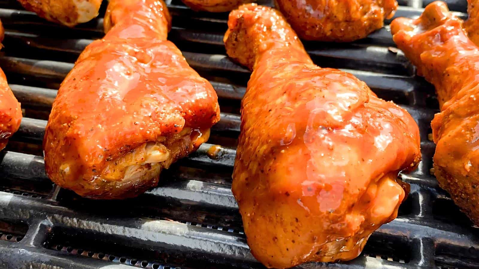 Close-up of chicken drumsticks coated in red barbecue sauce on a grill.