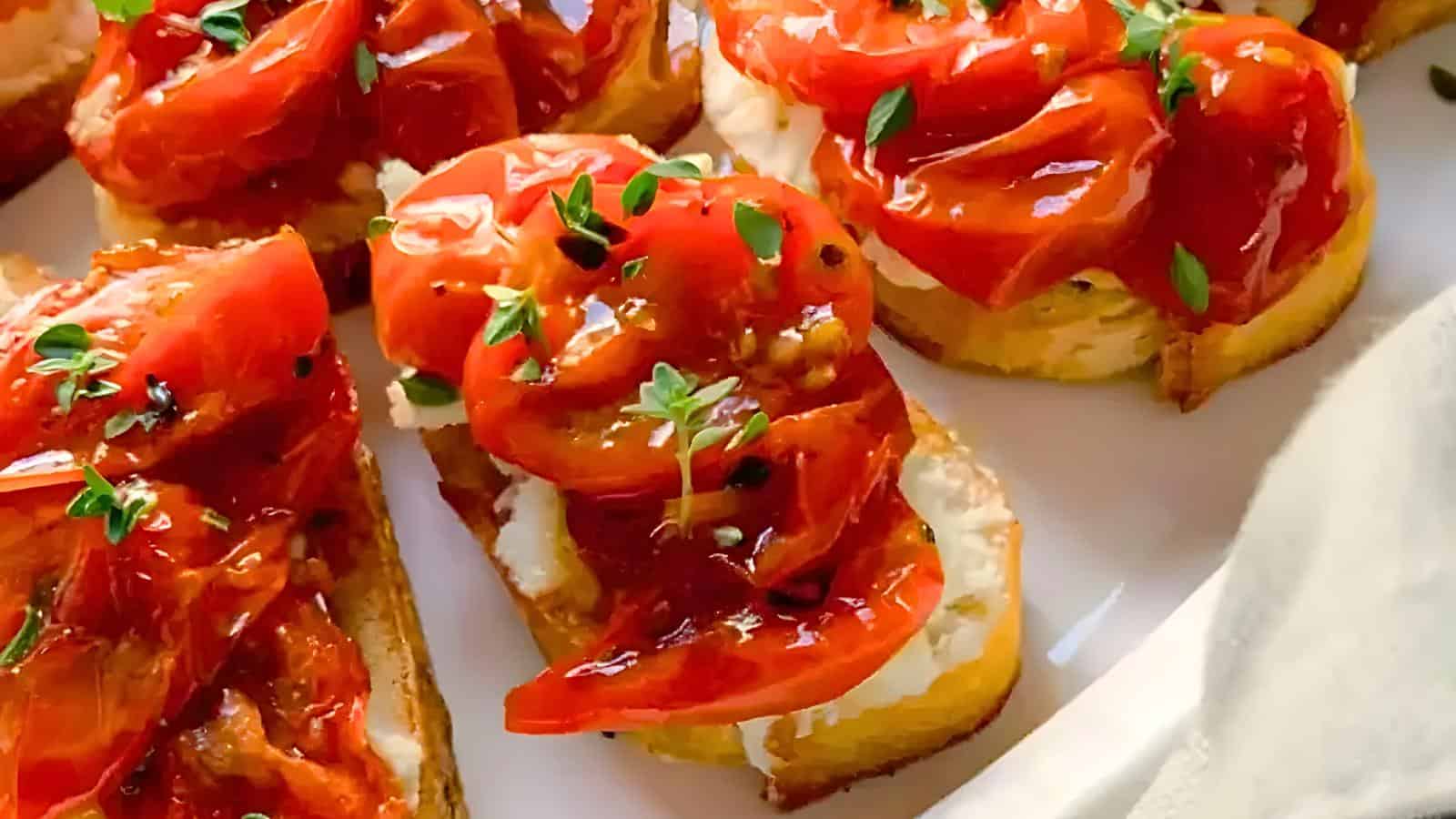 Bread with ricotta cheese, roasted tomatoes, and fresh thyme sprigs.