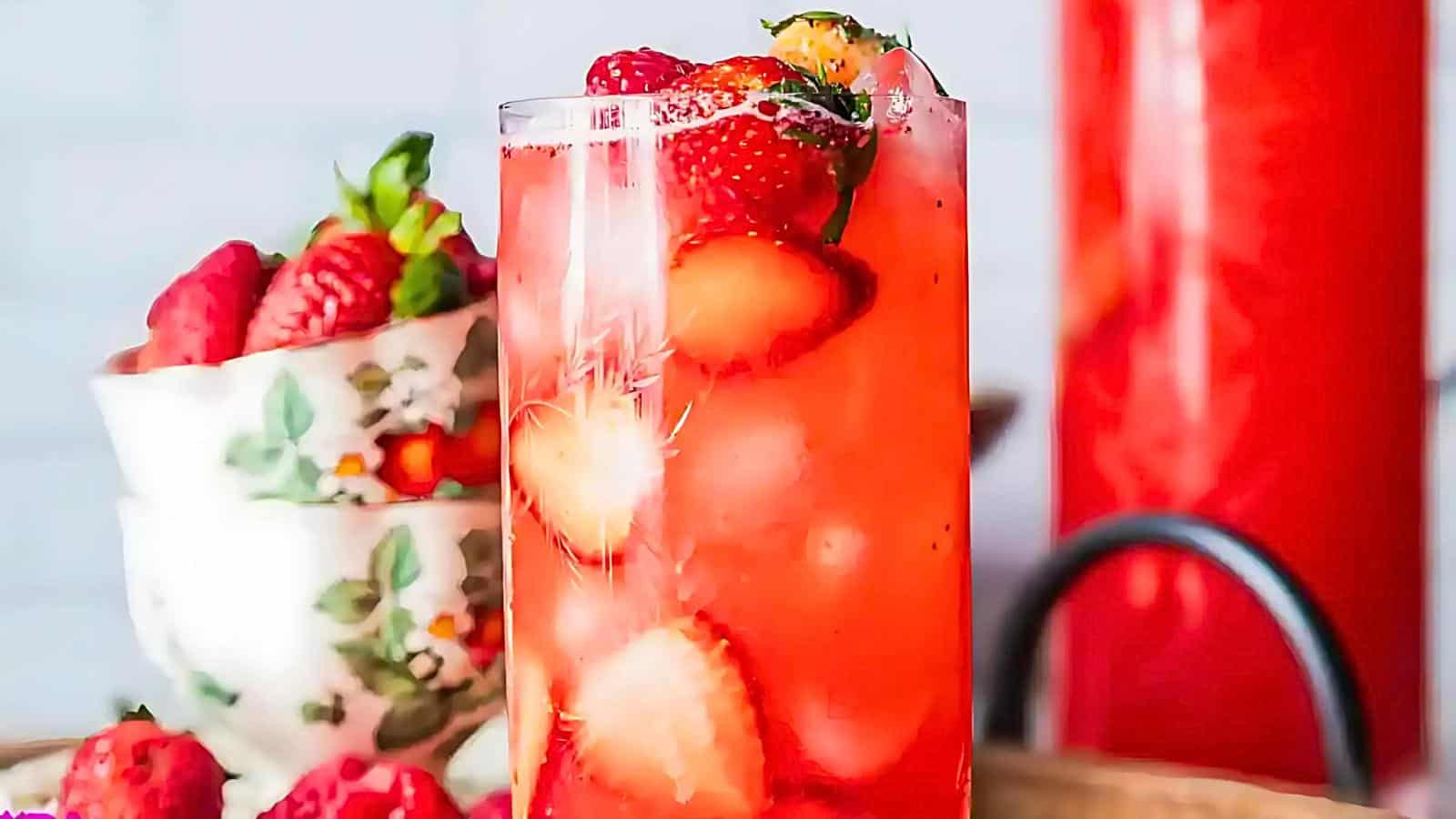 A tall glass with a red strawberry drink and ice cubes next to a small bowl of fresh strawberries.