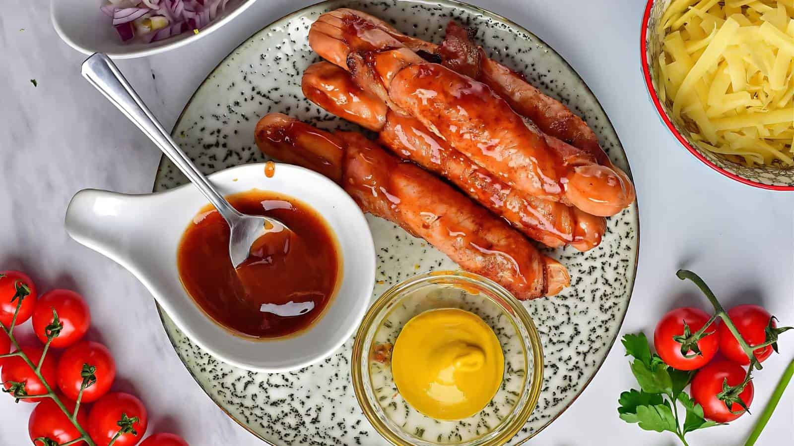A plate with grilled sausages, a small bowl of mustard, and a bowl of barbecue sauce. Surrounding the plate are cherry tomatoes, shredded cheese, chopped onions, and parsley.