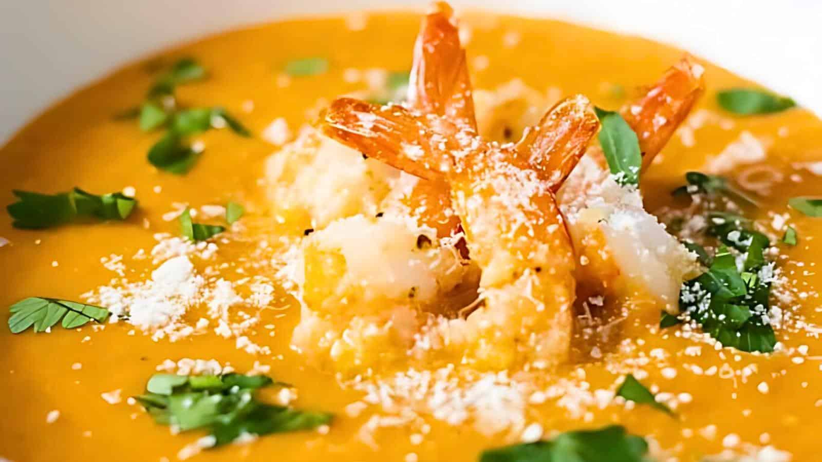 A bowl of creamy shrimp soup with parsley leaves, a sprinkle of cheese, and visible shrimp pieces.