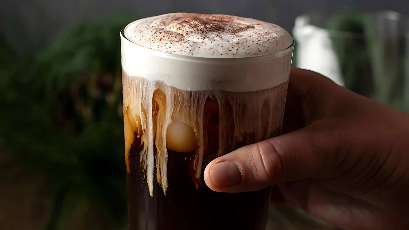 A glass of iced coffee with layers of cold brew, cream, frothy foam on top, and a dusting of cocoa powder.