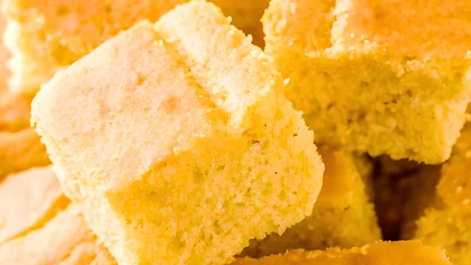 A pile of golden-brown cornbread squares with a coarse and crumbly texture.