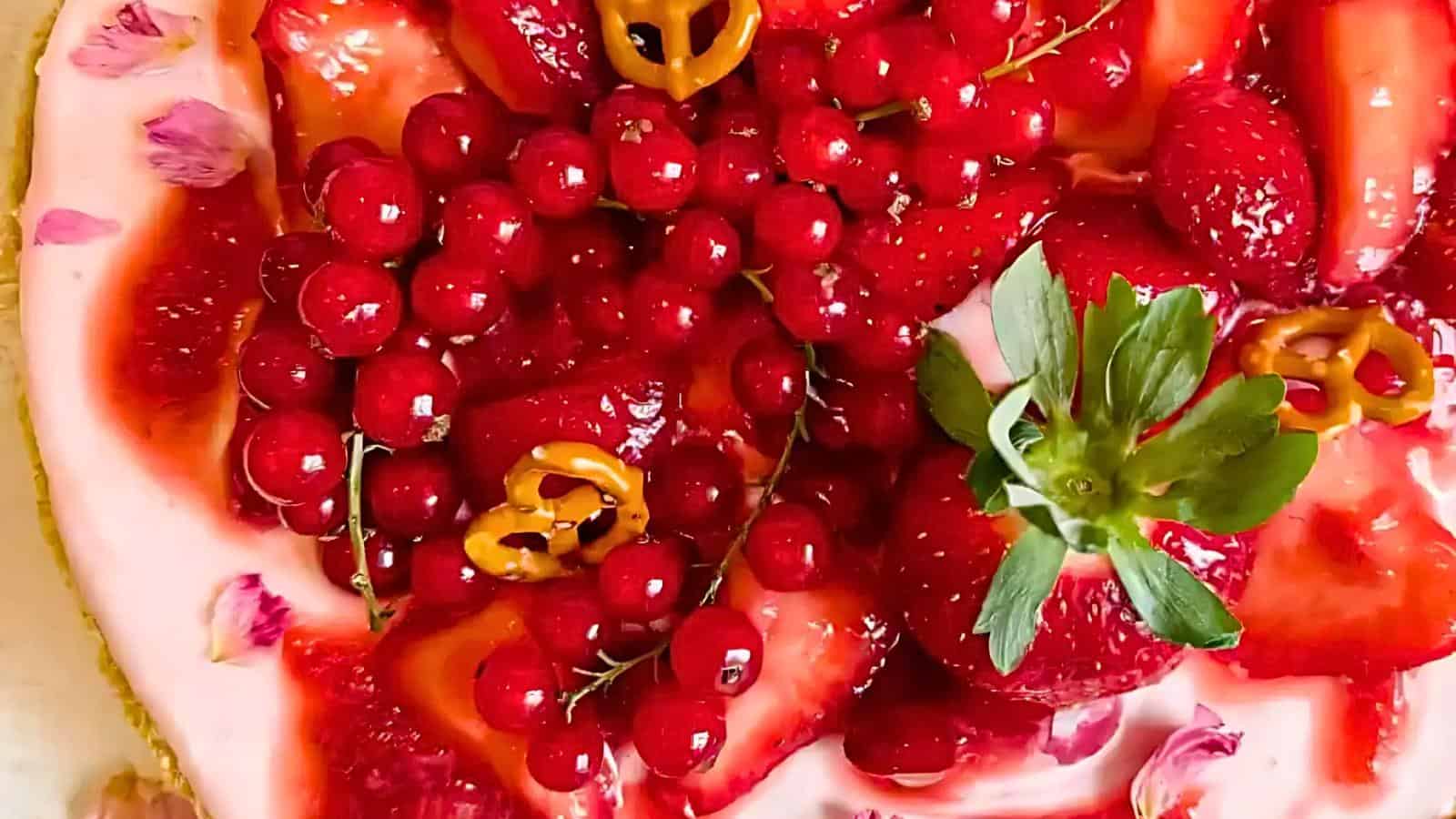 A close-up of a dessert topped with strawberries, red currants, flower petals, and a green leaf garnish on a base with red sauce.