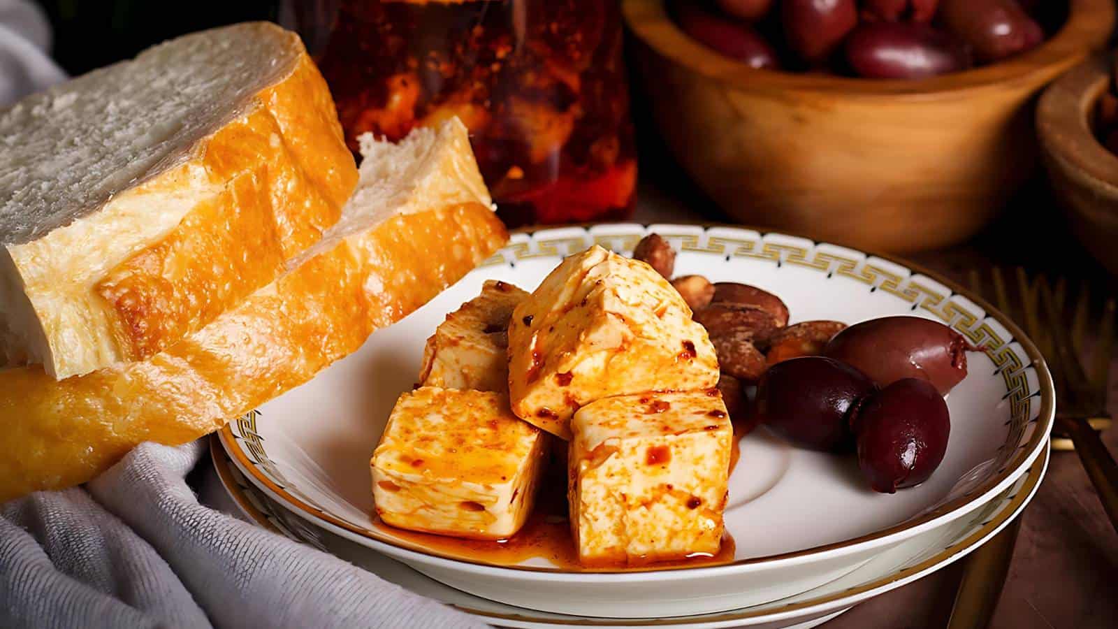 A plate with marinated cheese cubes, black olives, and nuts next to slices of bread.