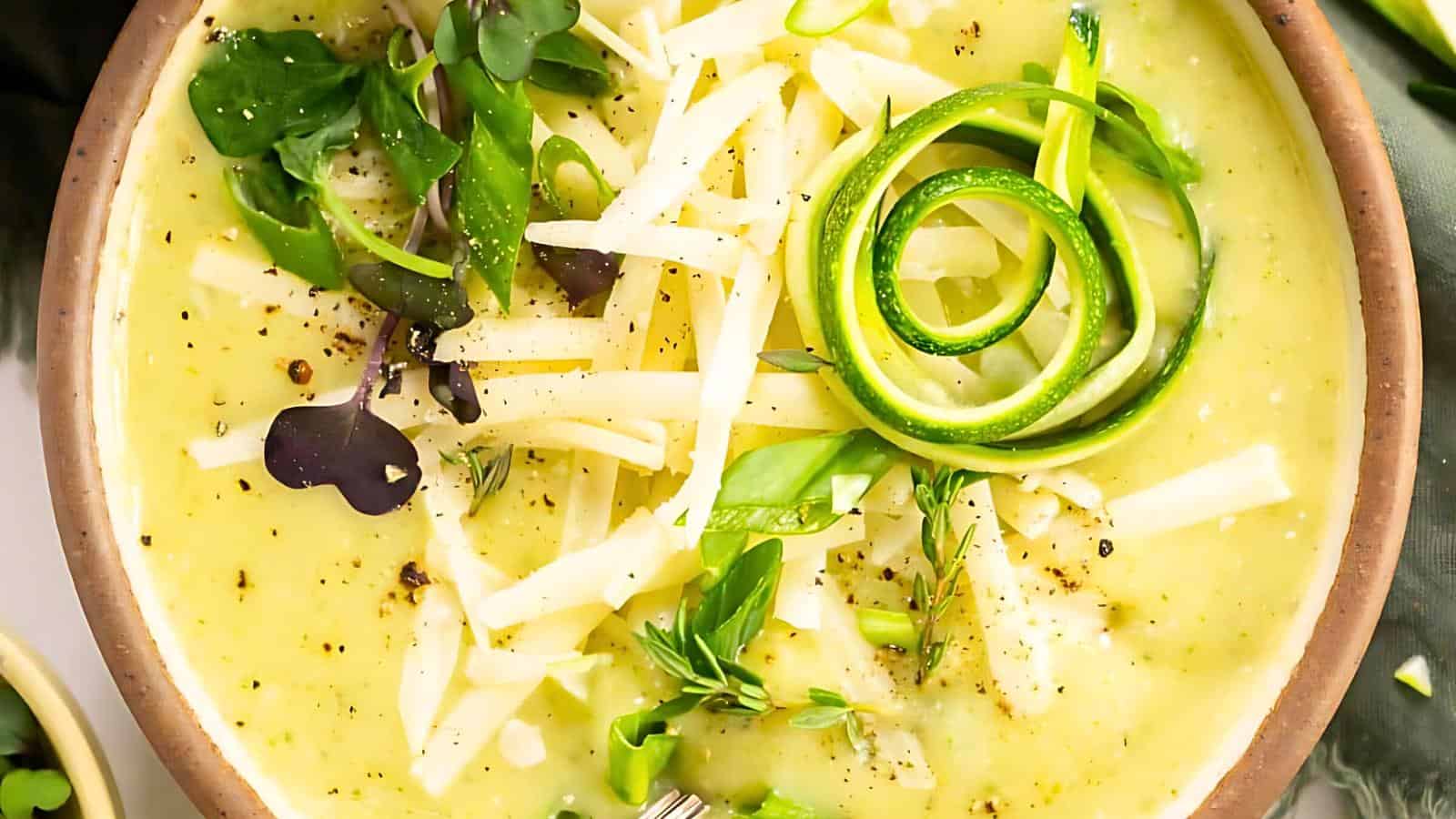 A bowl of creamy soup with fresh herbs, julienned vegetables, and grated cheese.