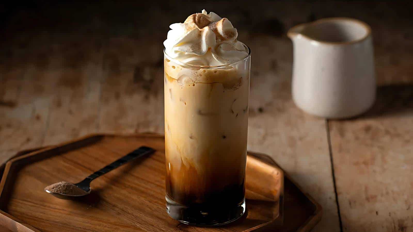 A glass of iced coffee topped with whipped cream and sprinkled with cinnamon sits on a wooden tray. A spoon with cocoa powder is beside the glass, and a small white pitcher is in the background, all set on a rustic wooden table.