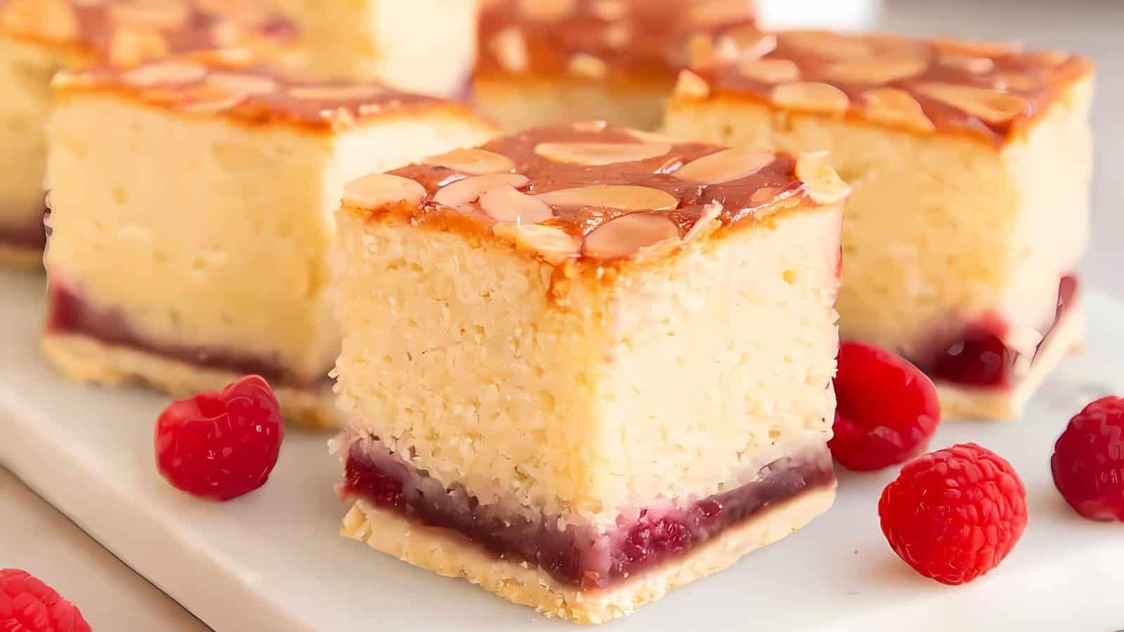 Close-up of square cake slices topped with almonds and a glossy glaze. Each slice has a raspberry layer at the bottom, and fresh raspberries are scattered around on a white plate.