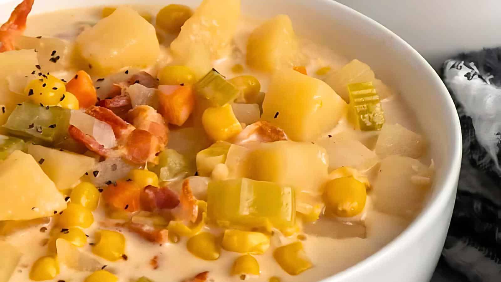A bowl of creamy corn chowder with chunks of potatoes, corn kernels, celery, and bits of bacon, garnished with black pepper.