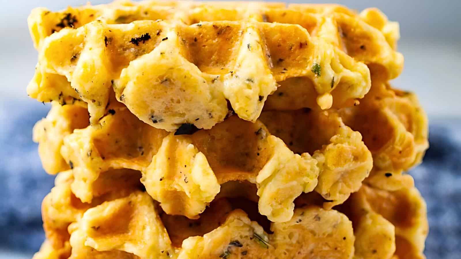A close-up of a stack of golden-brown waffles, highlighting their crispy and fluffy texture.
