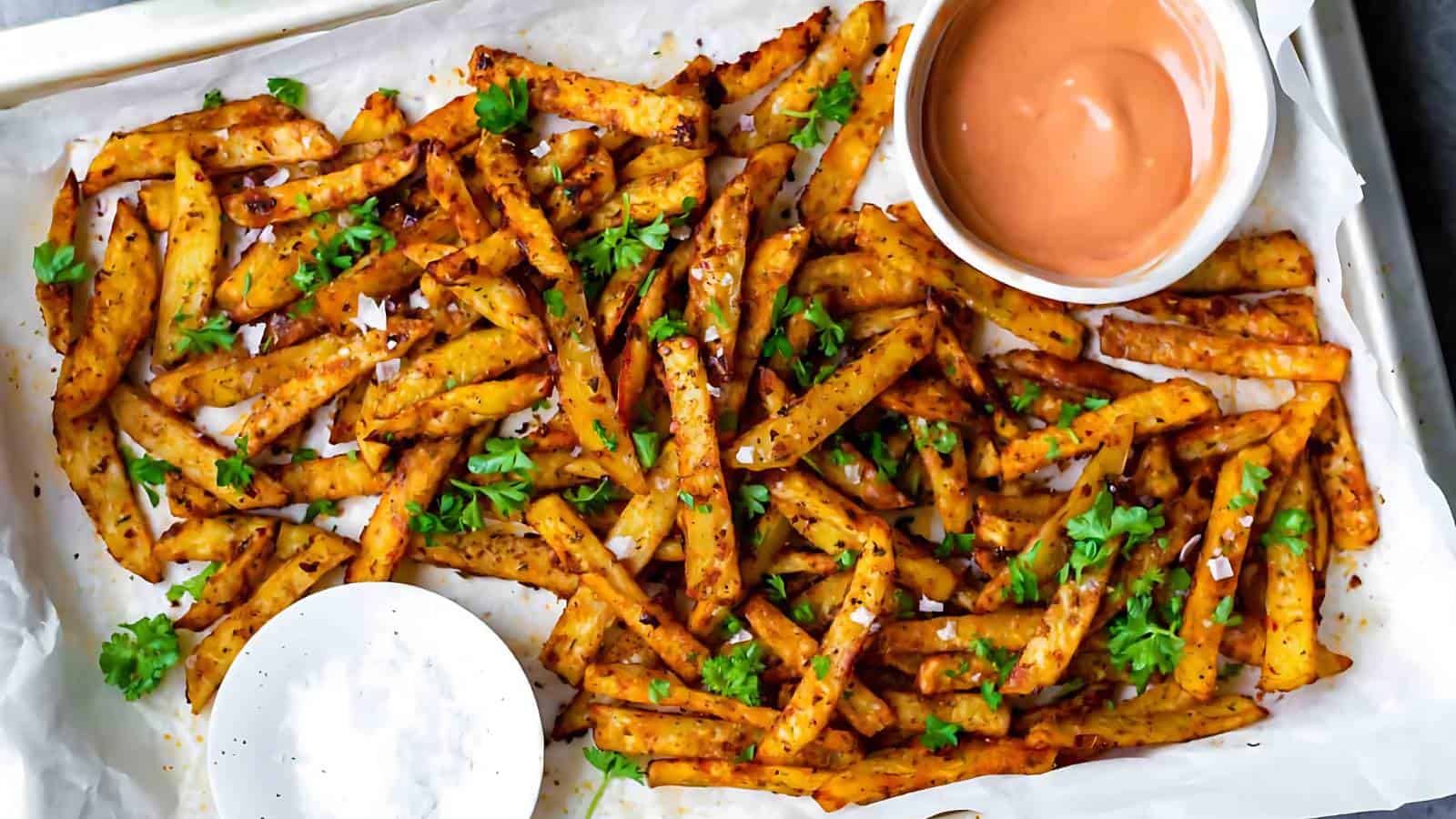 A tray of seasoned fries garnished with parsley, accompanied by two dipping sauces—one creamy orange and the other white—placed on parchment paper.