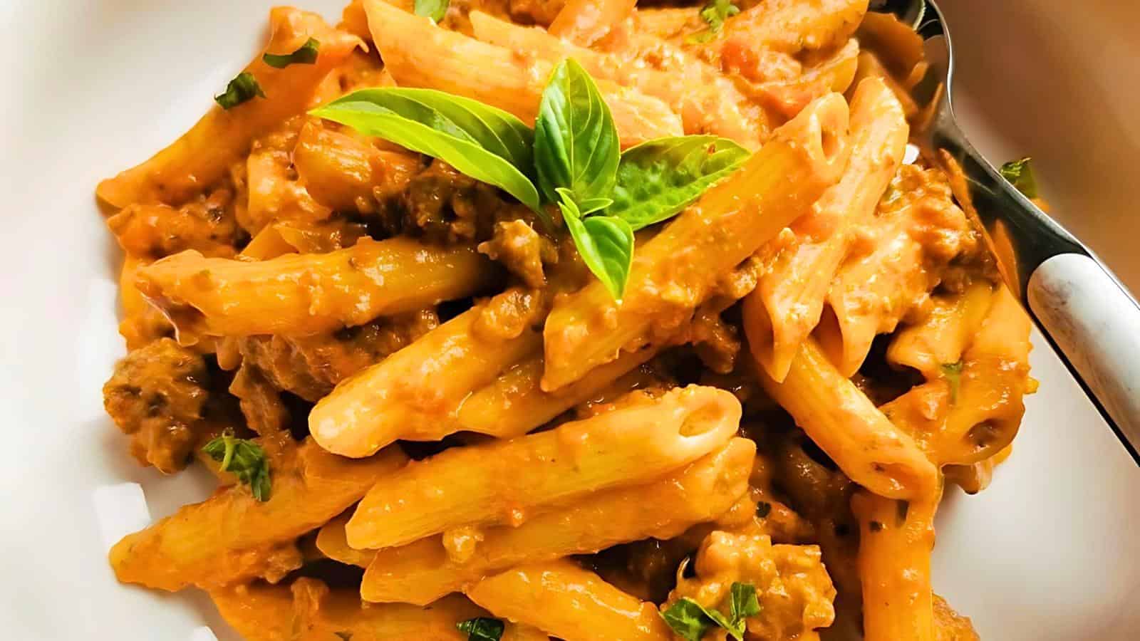 A close-up of a plate of creamy penne pasta topped with minced meat and garnished with fresh basil leaves. A spoon is placed beside the pasta on the plate.