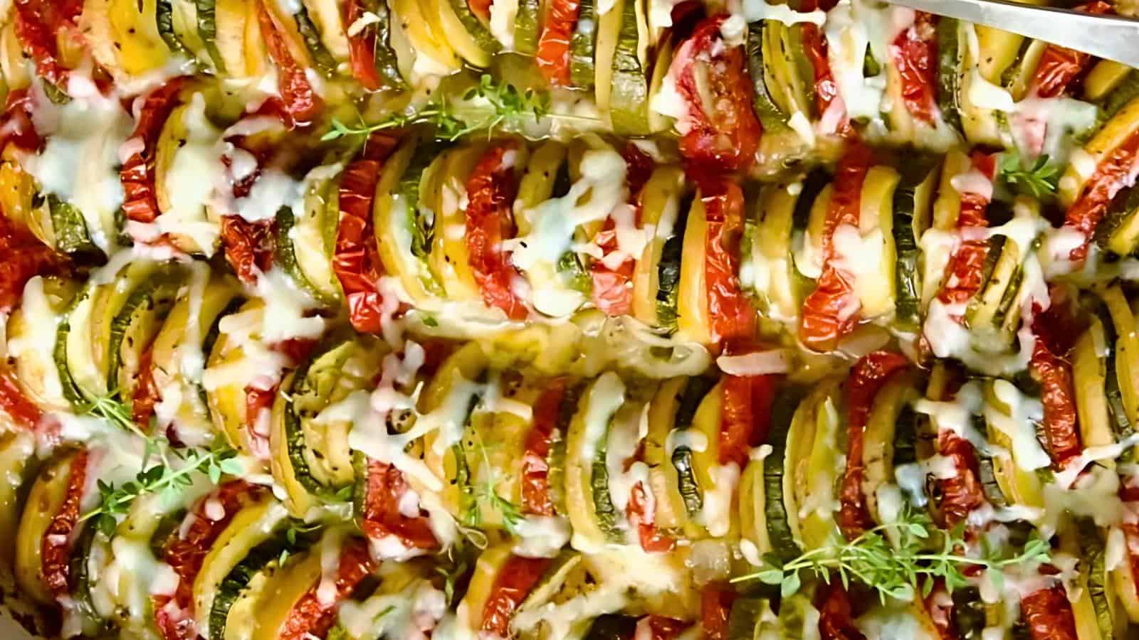 Slices of zucchini, tomatoes, and yellow squash arranged evenly with melted cheese on top, garnished with fresh herbs.
