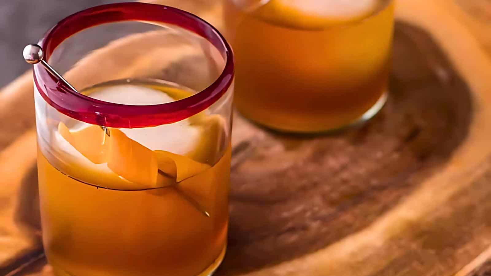 Two glasses filled with amber-colored drinks, garnished with orange peel and ice cubes, placed on a wooden surface.