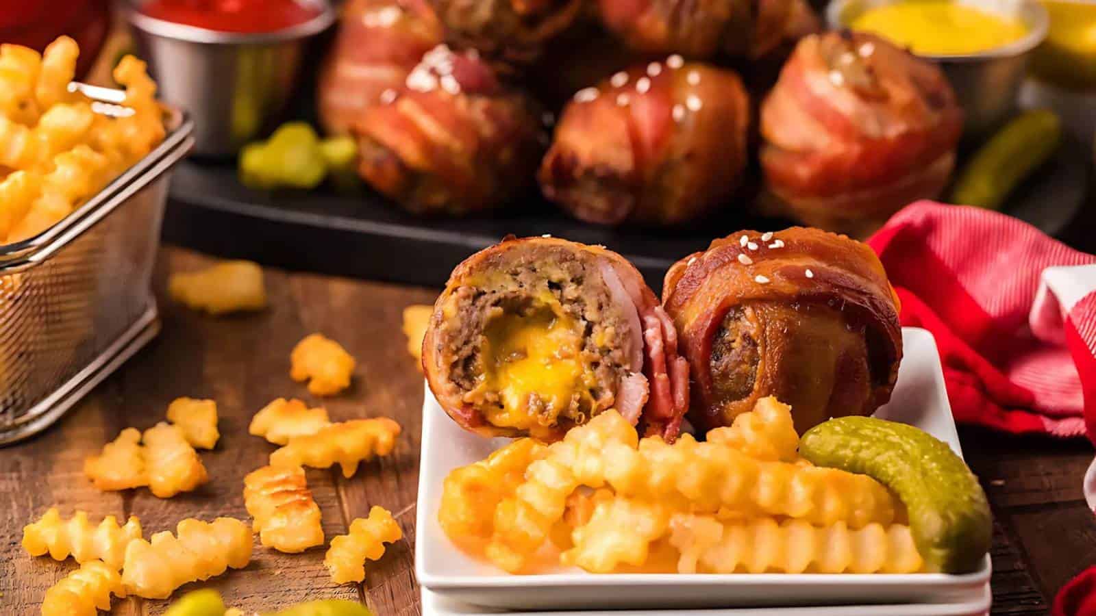 A plate with bacon-wrapped meatballs, crinkle-cut fries, and pickles. In the background, more bacon-wrapped meatballs and dipping sauces.