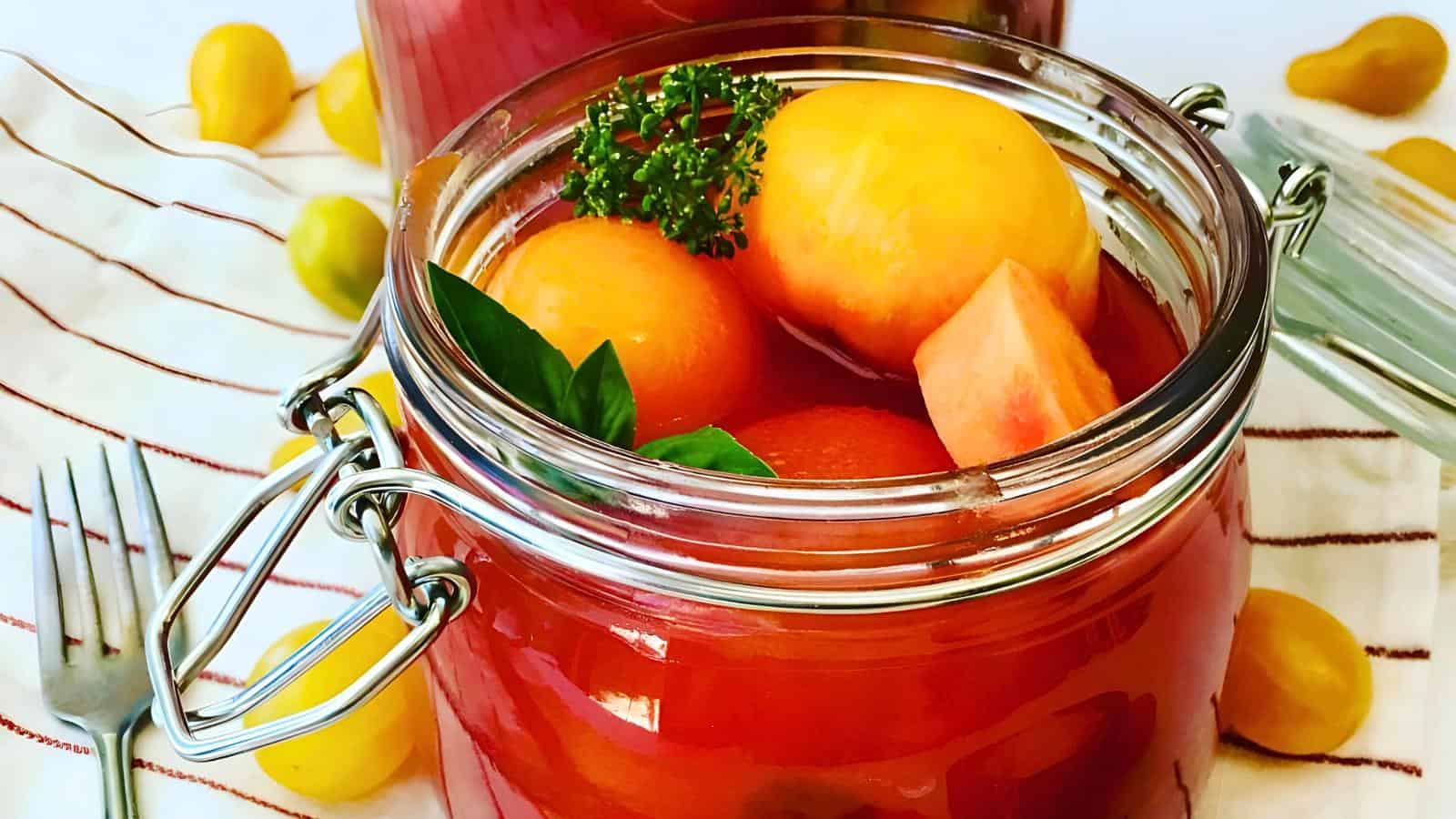 A glass jar filled with pickled tomatoes, herbs, and liquid sits next to a fork and a striped fabric.