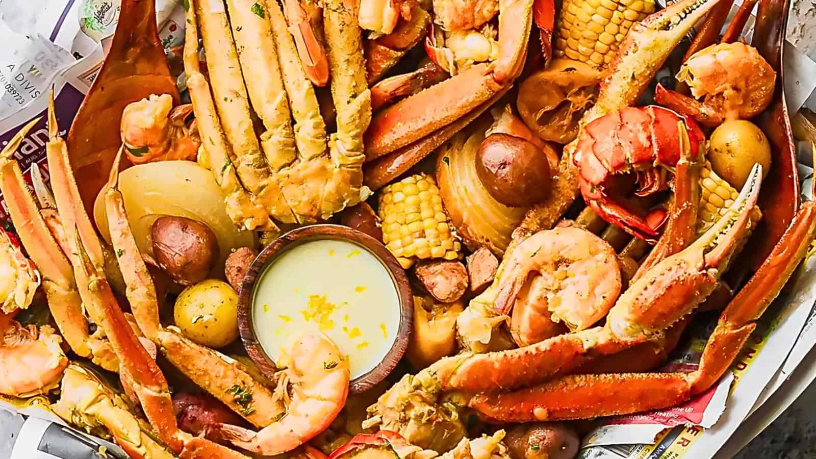 Crab legs, shrimp, lobster, potatoes, corn on the cob, and a bowl of melted butter arranged on a newspaper-lined surface.