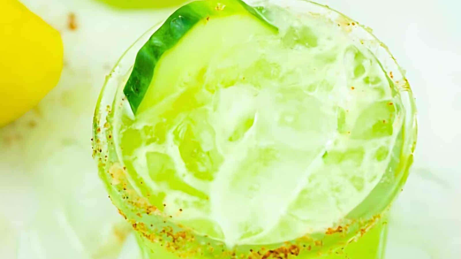 A green mocktail garnished with a cucumber slice and a salt rim, against a background containing a lemon.