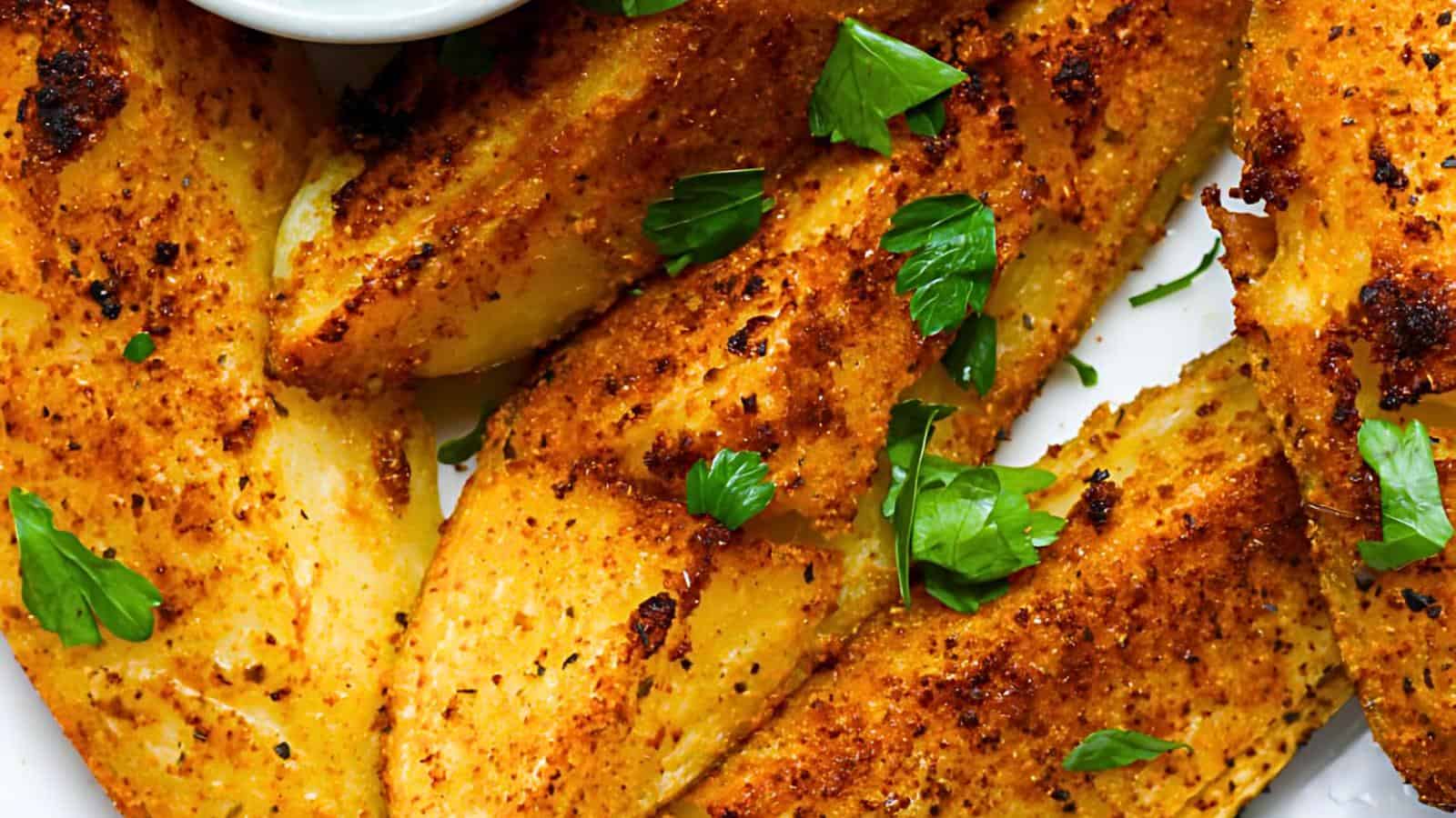 Seasoned potato wedges garnished with fresh parsley.