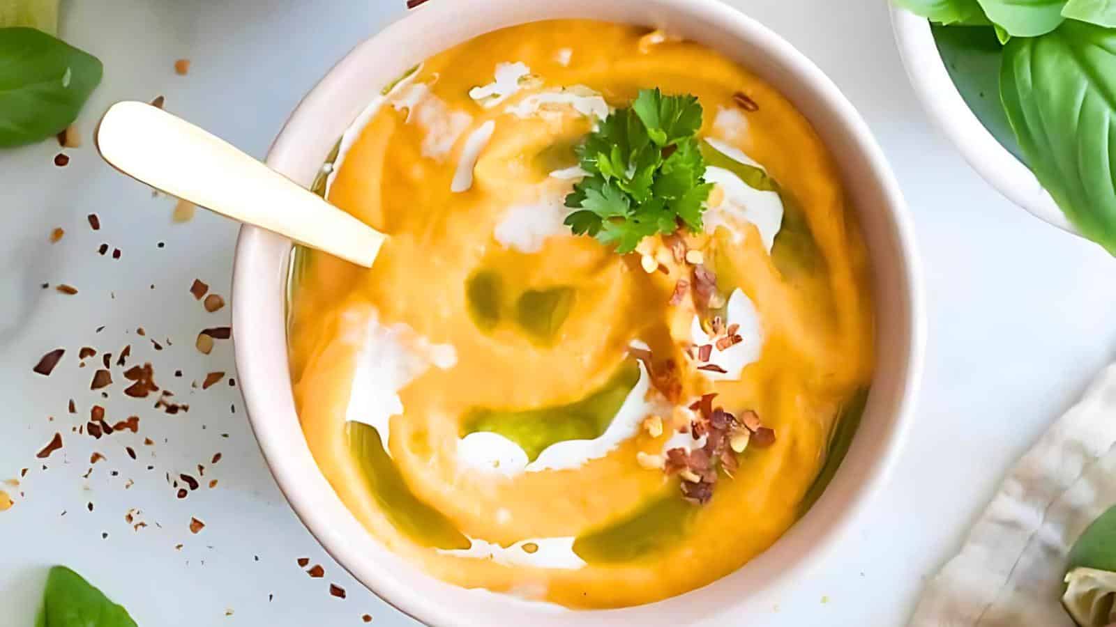 A bowl of creamy orange soup garnished with a swirl of green oil, topped with fresh parsley and red chili flakes. A spoon rests in the bowl, with scattered chili flakes nearby on a white surface.