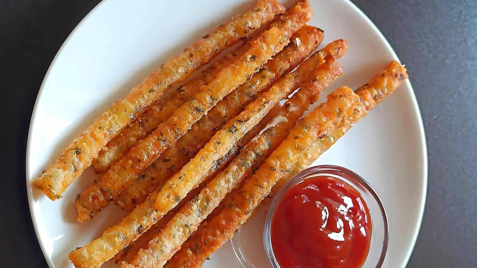 A plate of crispy breadsticks seasoned with herbs, served alongside a small bowl of ketchup on a white plate. The breadsticks are golden brown and arranged neatly.