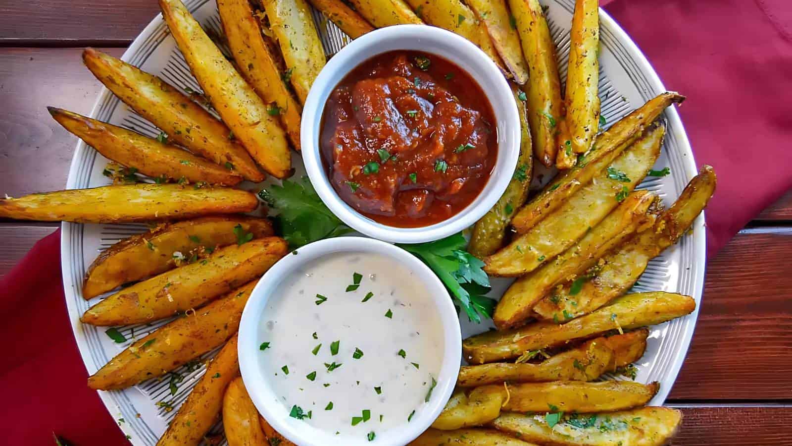 A plate of seasoned potato wedges arranged around two dipping sauces, one red and one white, garnished with chopped herbs, set on a wooden table.