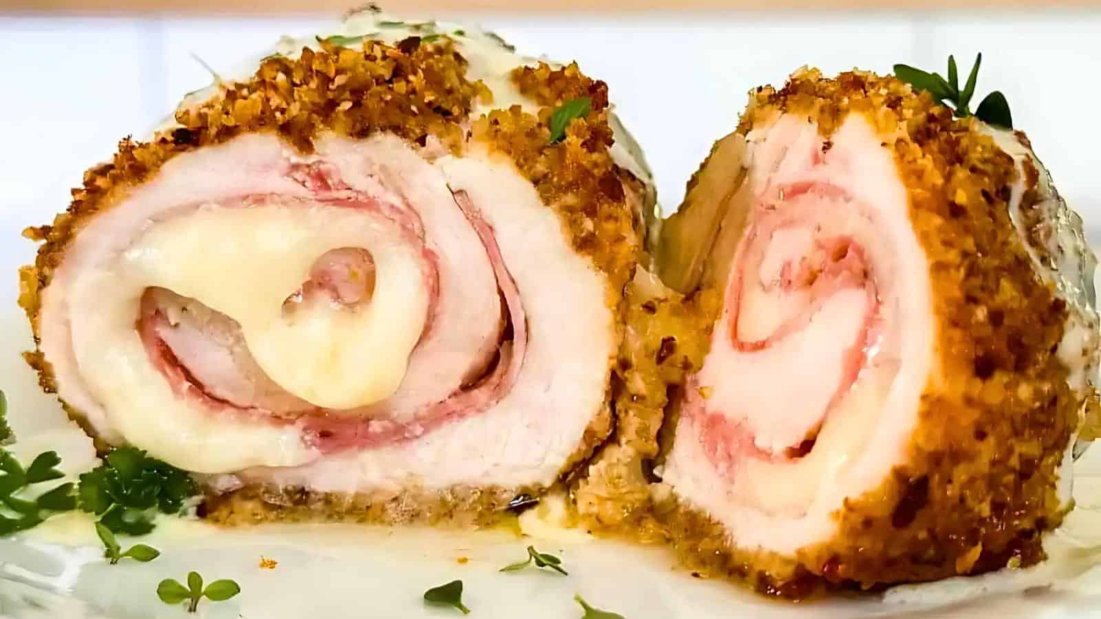 A sliced breaded chicken dish with layers of ham and melted cheese inside. Garnished with herbs on a white plate.