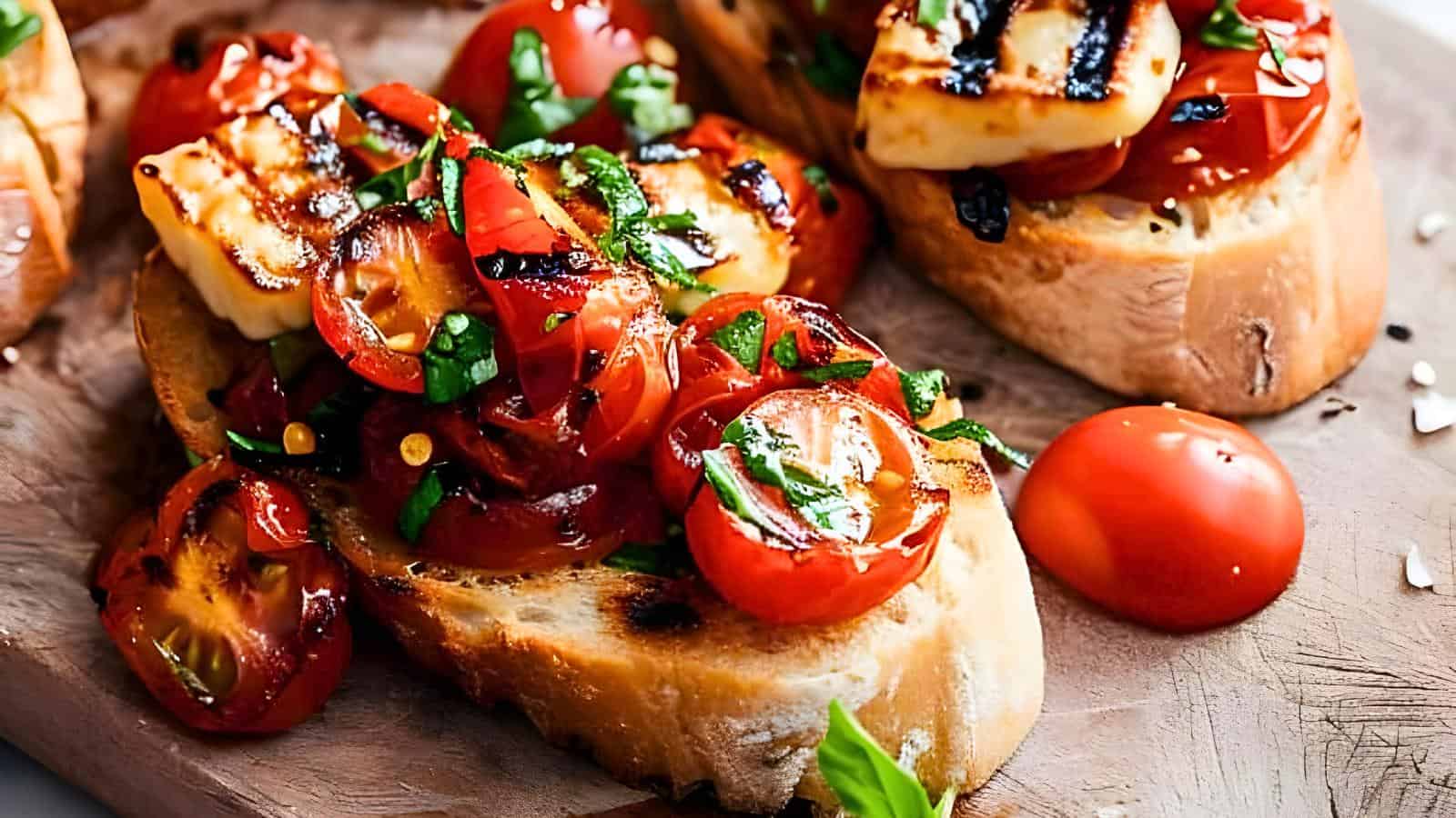 Sliced bread topped with cherry tomatoes, fresh basil, and melted cheese on a wooden board.