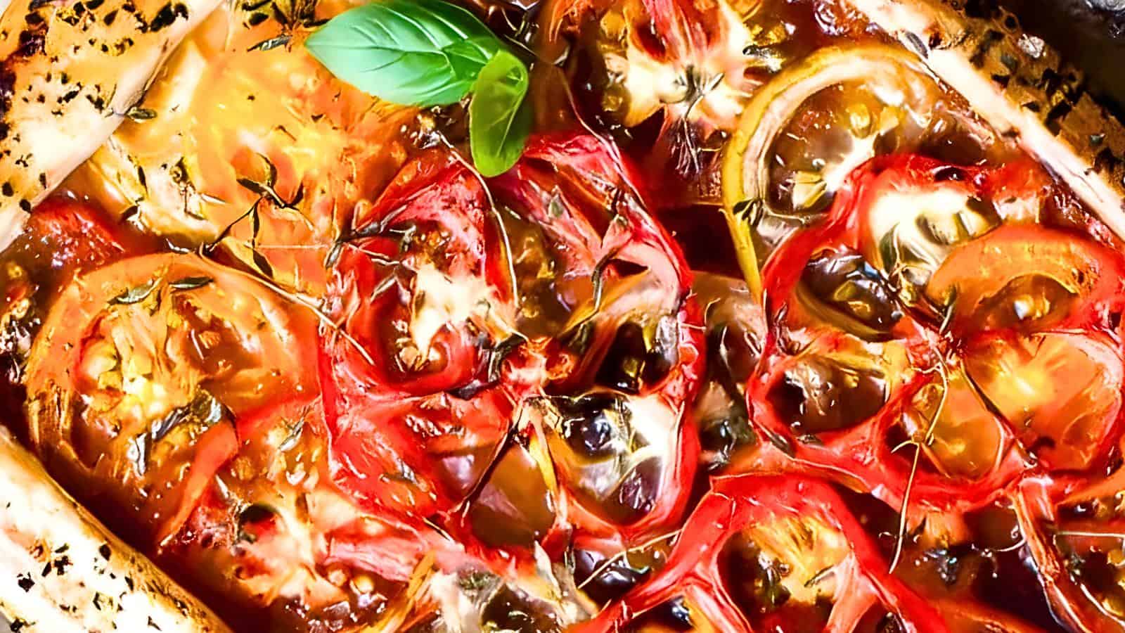 An assortment of colorful tomato slices, herbs, and a green basil leaf garnish.