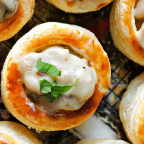Puff pastry vol-au-vents filled with chicken and mushroom filling.