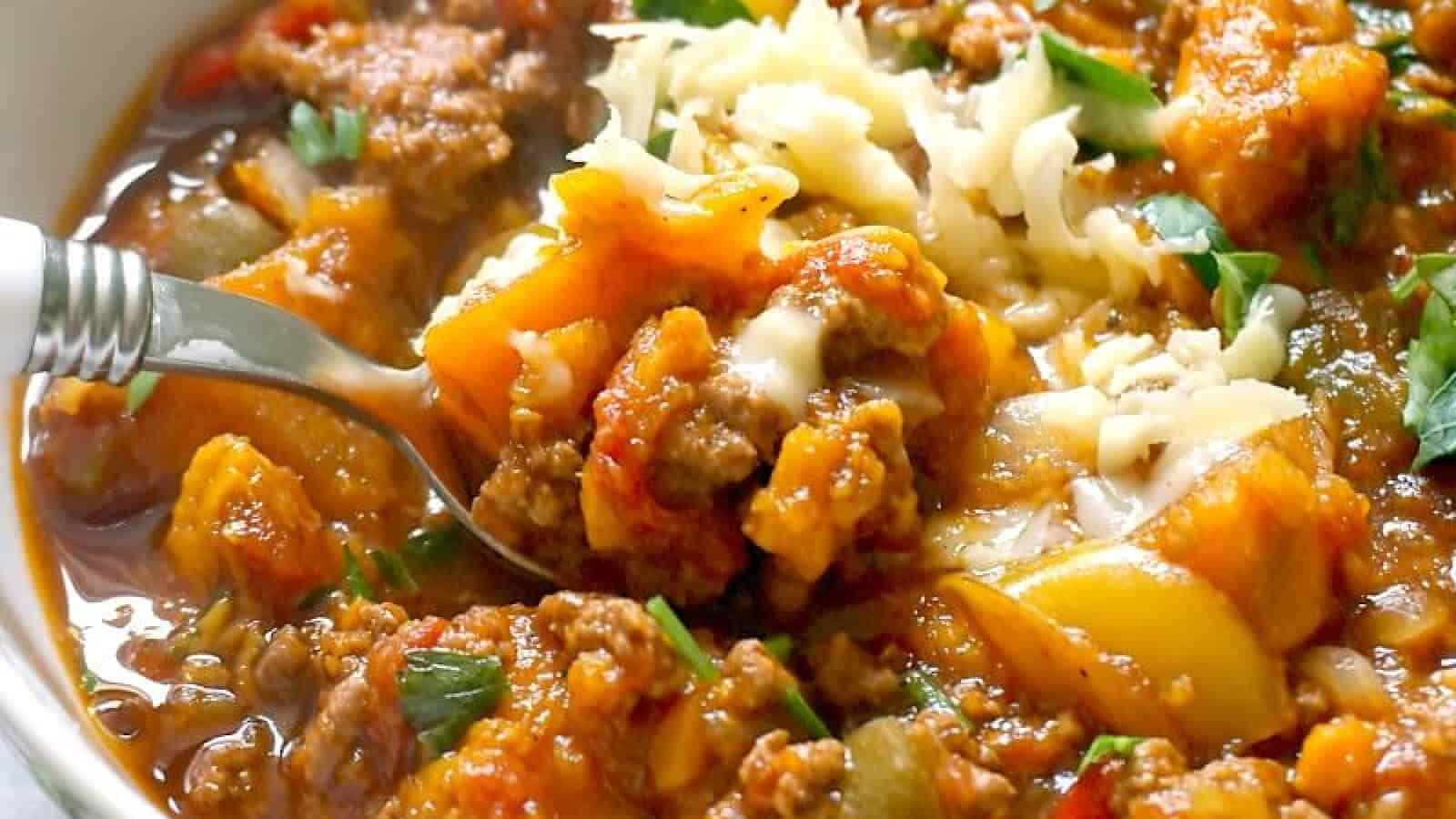 A portion of beef and sweet potato chili.