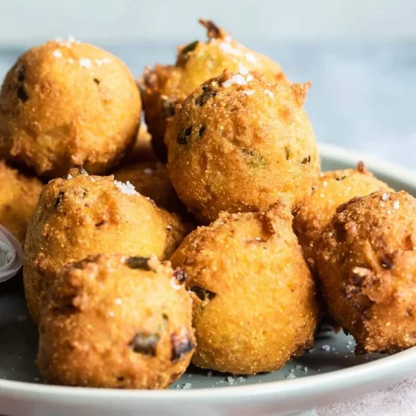 A plate of golden brown hushpuppies garnished with salt and accompanied by a small container of dipping sauce.