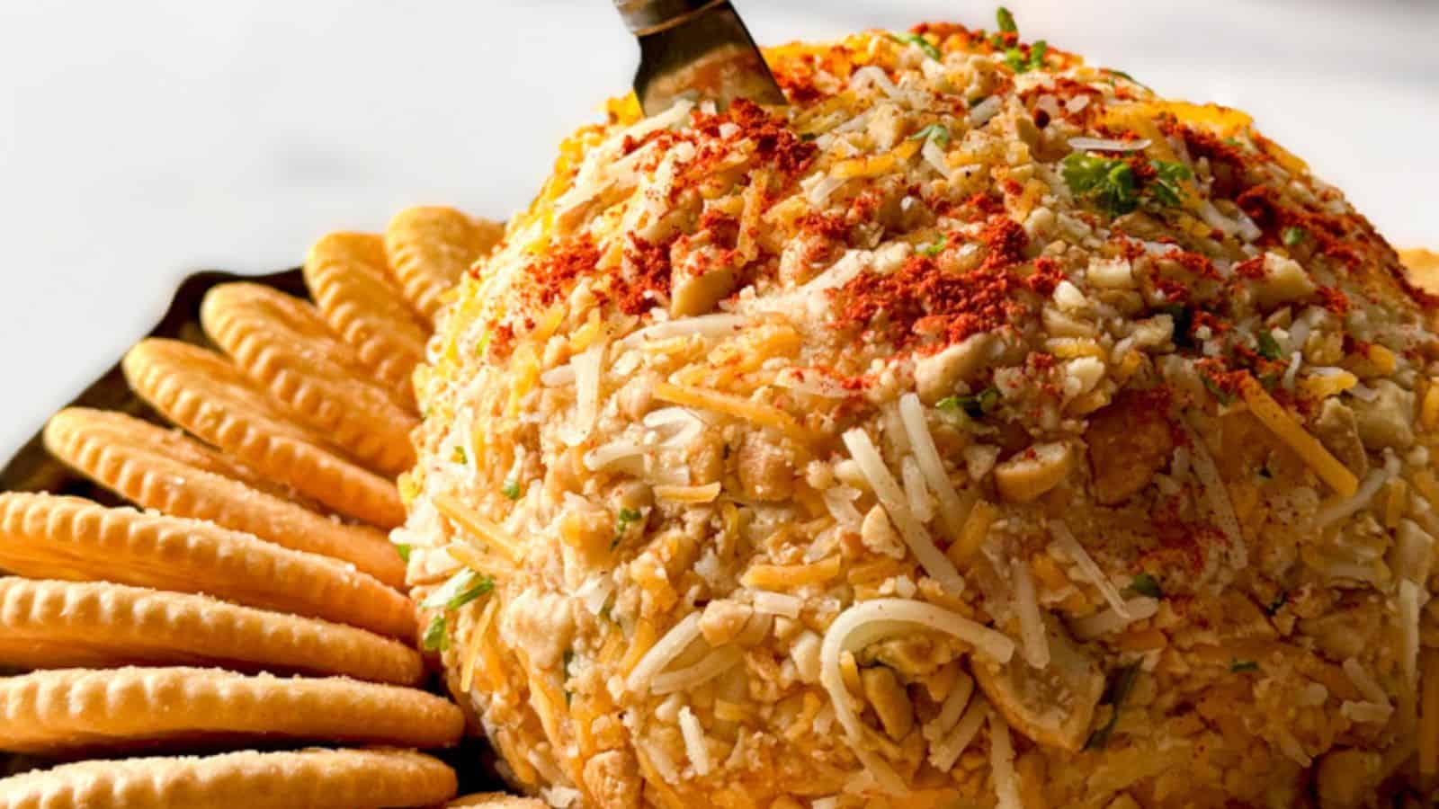 A pineapple cheese ball with shredded cheese and herbs on top is placed on a platter surrounded by round crackers. A spreading knife is inserted into the top of the cheese ball.