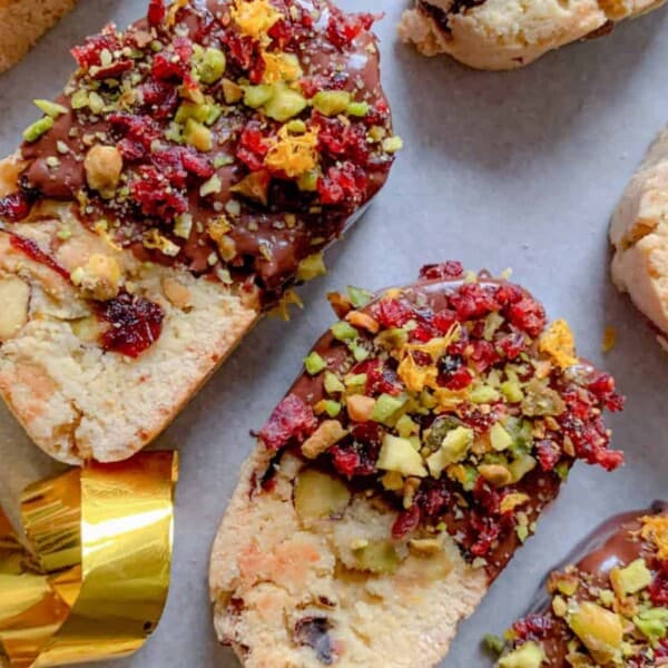 Christmas biscotti on a tabletop.