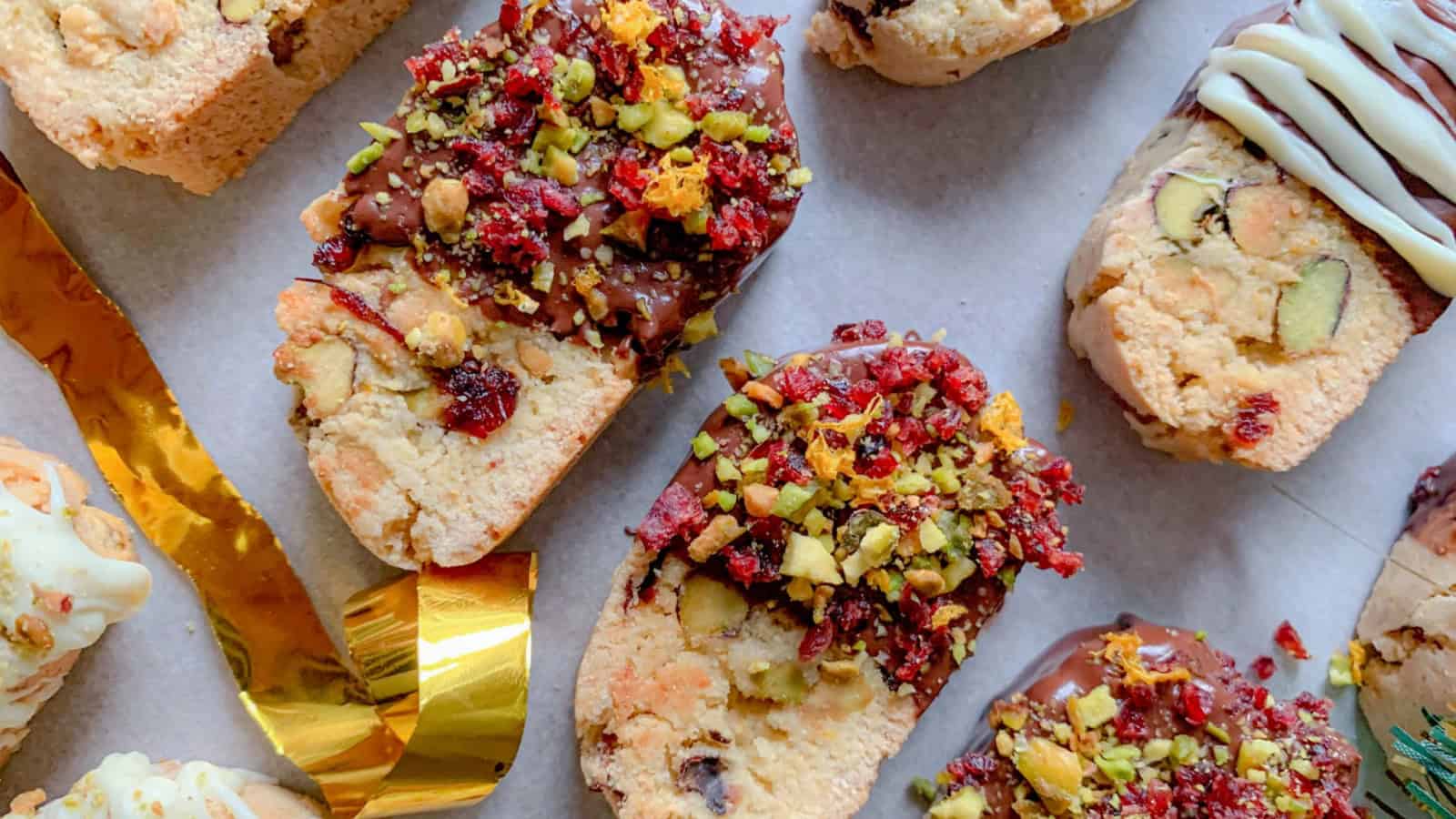 Christmas biscotti on a tabletop.