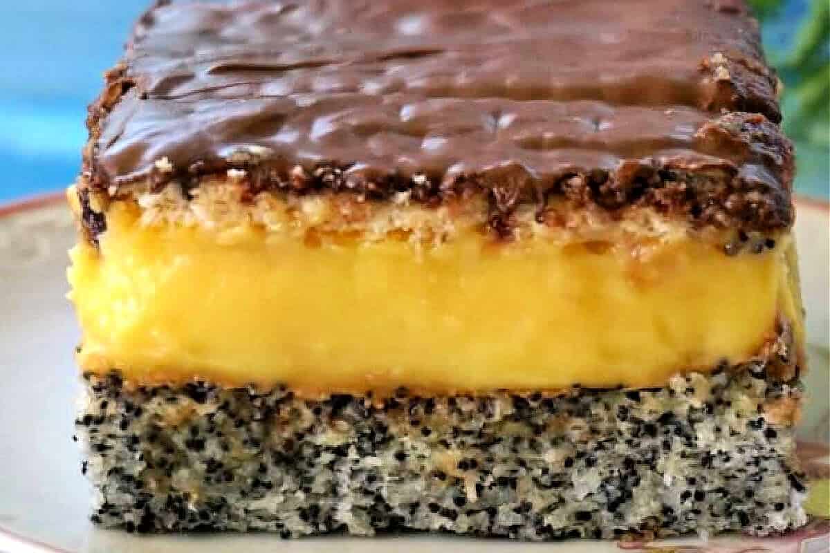A slice of poppy seed bar with custard and nutella on a plate.