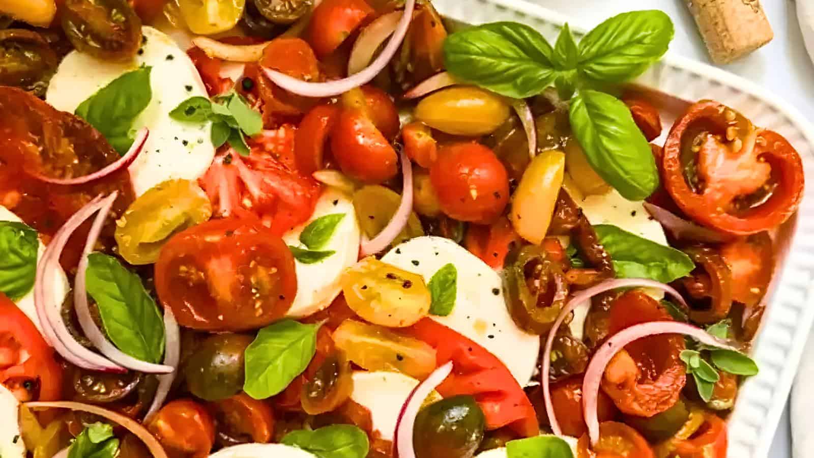 A colorful plate featuring assorted tomatoes, fresh mozzarella slices, red onion, basil leaves, and a sprinkle of black pepper.