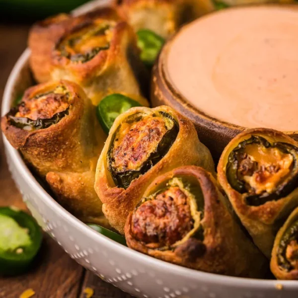 A bowl filled with crispy, browned jalapeño poppers arranged in a circle around a bowl of creamy dip. Sliced jalapeños are placed on the side.