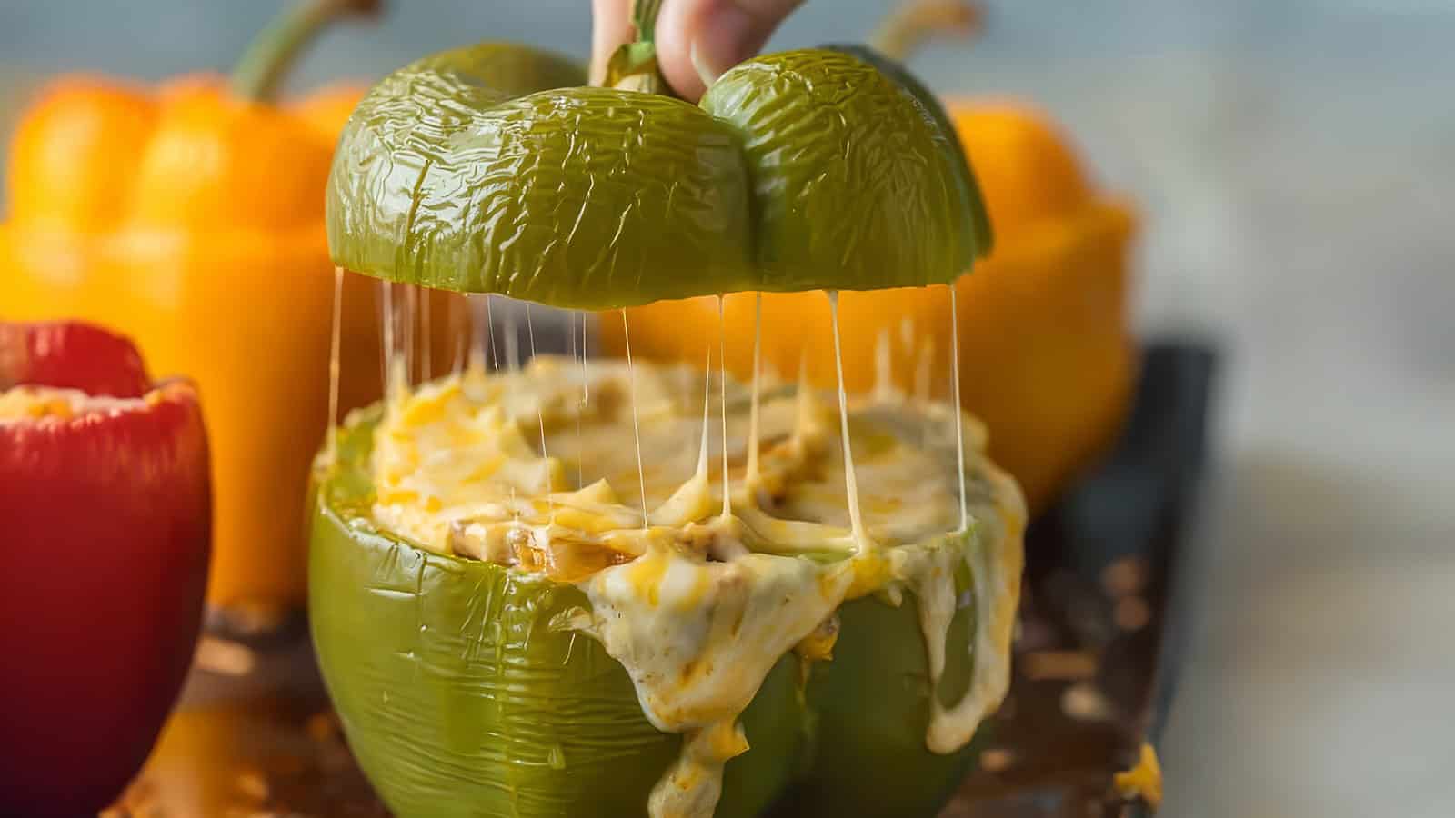 A hand lifts the top off a green bell pepper stuffed with melted cheese and ground beef. Other stuffed bell peppers are visible in the background.